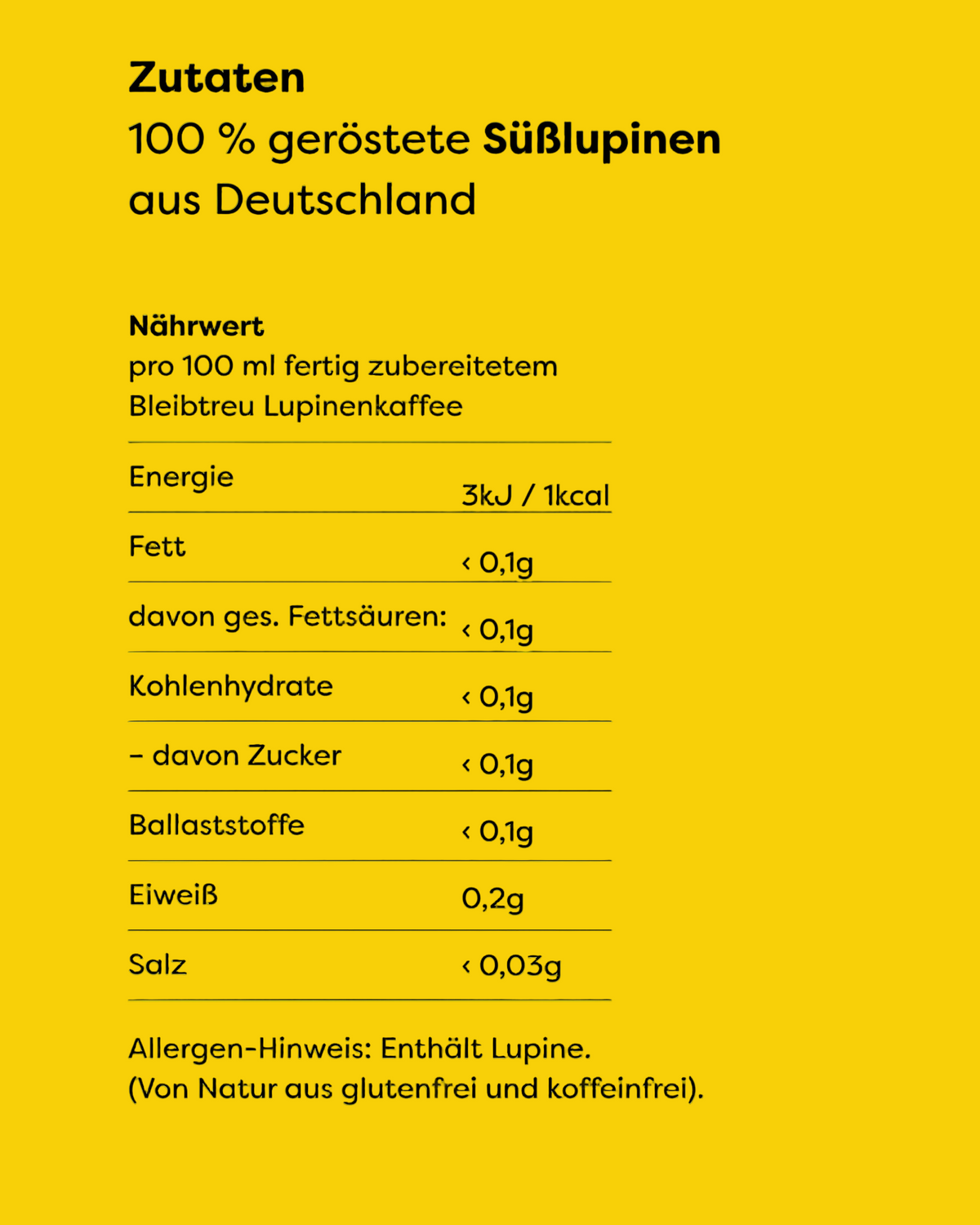 Zutaten und Nährwerte von Bleibtreu Lupinenkaffee: 100 % geröstete Süßlupinen aus Deutschland, 1 kcal pro 100 ml, enthält Lupine